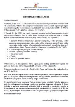 Obvestilo Vrtca Laško o začasnem zaprtju